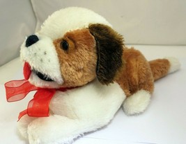 Soft Plush Stuffed Dog 9&quot; brown white red bow vintage Christmas 11&quot; - $12.63