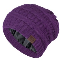 Satin Lined Beanie Winter Warm Satin Lined Beanie For Women Cable Knit Beanies W - £16.44 GBP