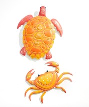 Turtle and Crab Wall Plaques Metal Set of 2 Calypso Orange Pink Ocean Seaside