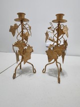 Vtg Pair Tole Gilt Ivy Leaf Candle Holder 10&quot; Elegant Table Decor Gold T... - $25.00