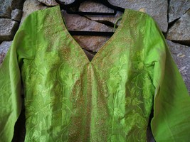 Indian Women Green Kurta Dress Embroidered Floral Tunic Top Pakistani Small - £12.39 GBP