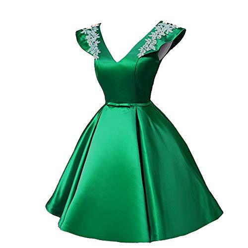V Neck White Lace Short Satin Formal Prom Homecoming Dress Cocktail Green US 10