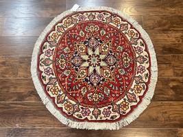 Small Round Perisan Rug 3x3 Floral Medallion Red Handmade Vintage Wool Carpet - £598.71 GBP