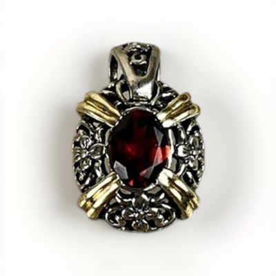Estate 925 Sterling Silver Two Tone Oval Garnet January Anniversary Pendant - $39.95