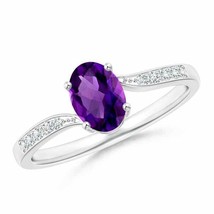ANGARA 7x5mm Natural Amethyst Solitaire Ring with Pave Diamonds in Silver - £296.21 GBP+