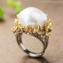 Baroque Pearl Ring Real 925 Sterling Silver Exaggerated Creative Flower Natural  - £74.23 GBP
