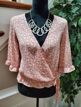 Sienna Sky Women&#39;s Pink Floral Polyester Long Sleeve V-Neck Wrap Blouse Size XS - £16.73 GBP