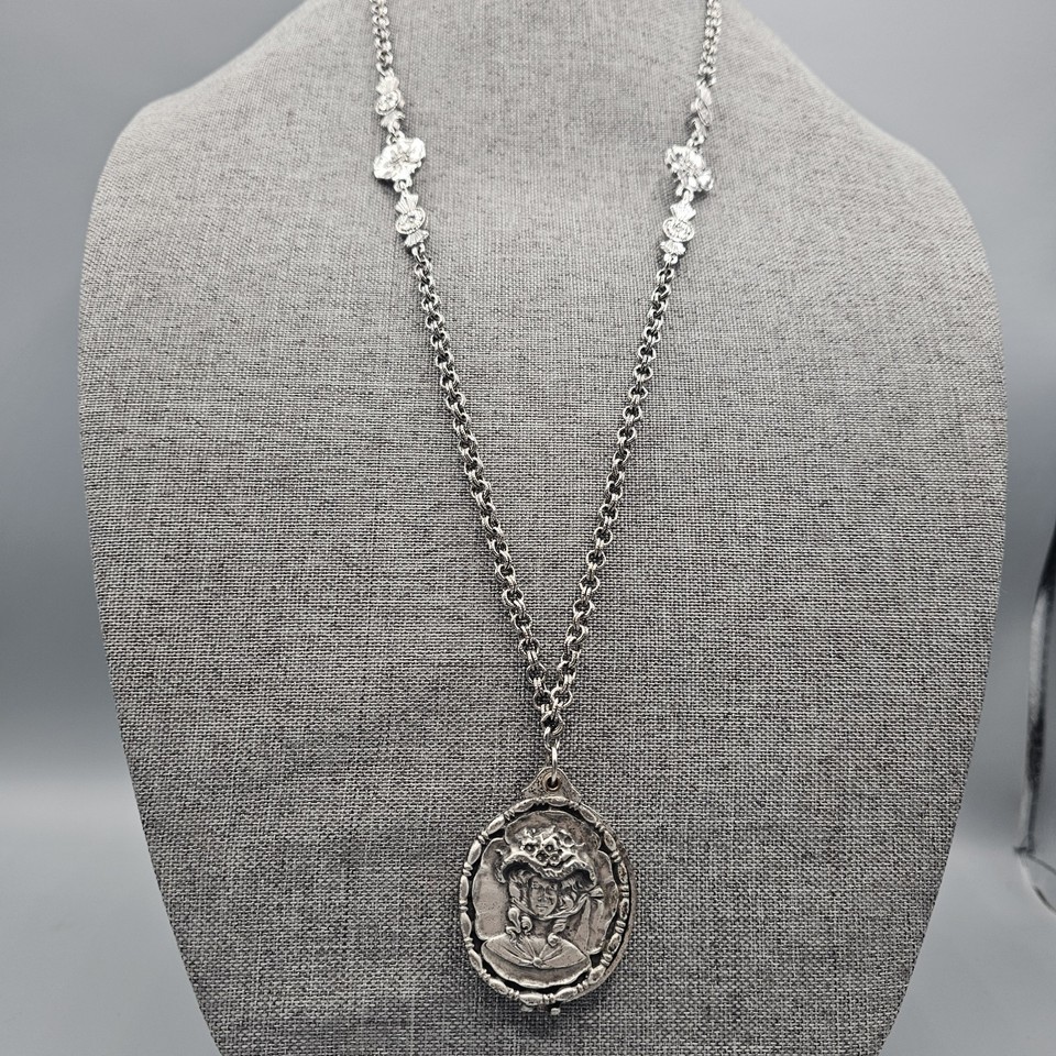 Vtg Poison Locket Pendant Necklace Victorian Revival Pewter Look Cameo 32&quot; - $29.99