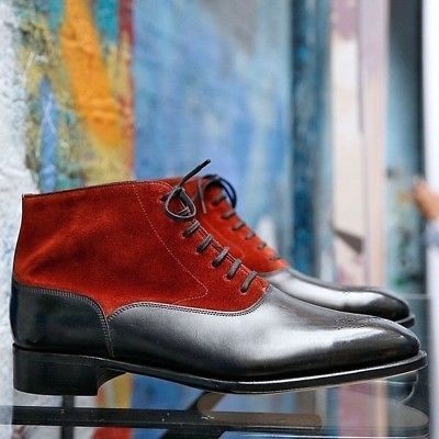 New Leather Suede Half Ankle Men's Boot, Handmade Red Black Lace Up Derby Boot 2