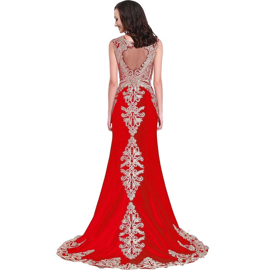Gold Lace Embroidery Beaded Mermaid Long Sheer Prom Evening Dresses Plus Size Re