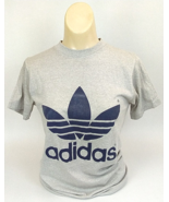 1980s Adidas T Shirt Double Sided Trefoil Logo Sz Small Grey/Navy Single... - £56.59 GBP