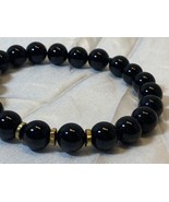 Black Stone Men&#39;s Bracelet on Stretchy Cord with Silver accent beads 7.75&quot; - £11.78 GBP
