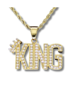 King CZ Pendant Stainless Steel Gold Plated 24&quot; Rope Never Fade/Tarnish - £11.18 GBP