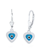 Evil Eye Greek Turkish Heart Charm 925 Sterling Silver Hamsa Leverback Earrings - £29.35 GBP