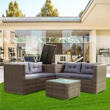 4 Piece Patio Sectional Wicker Rattan Outdoor Furniture Sofa Set withStorage Box - £391.19 GBP