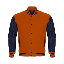Letterman Varsity Bomber Baseball Jacket Orange Body &amp; Navy Blue Leather Sleeves - £90.24 GBP