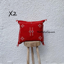 Set Of 2 Handmade &amp; Hand-Stitched Moroccan Sabra Cactus Pillow Cushion, Red - £93.81 GBP