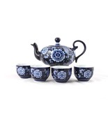 Tea Set Teapot and 4 Japanese Style Cups Cobalt Blue Floral and Leaf Pie... - £35.99 GBP