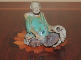 Chinese Mud Man Men 2.75&quot; Celedon robe seated w basket hat Mudman Antiqu... - $112.49
