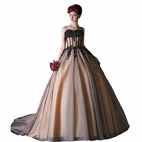 Kivary Vintage Black Tulle Beaded Lace Long Gothic Prom Wedding Dress Champagne