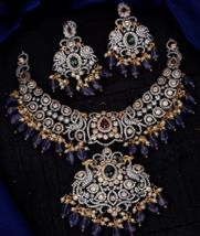 Indian Bollywood Style CZ Gold Plated Victorian Necklace Blue Pearl Jewelry Set - £213.31 GBP