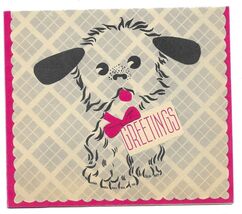 VINTAGE 1940s WWII ERA Christmas Greeting Holiday Card PUPPY DOG Red Bow - $19.79
