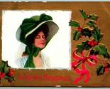 A Merry Christmas Holly Woman Large Hat Gilt Embossed UNP DB Postcard H4 - $6.88