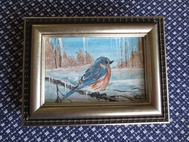 Signed Framed Bluebird In Winter Oil Painting On Canvas - 8&quot; X 6&quot; - £35.59 GBP