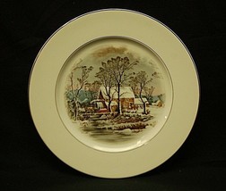 Currier & Ives by Avon 10-5/8" Dinner Plate Winter Snow Scene w Smooth Gold Trim - $19.79