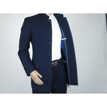 Men Apollo King Banded Collarless suit Mandarin 5 Hidden Button Panel AG52 Navy image 4