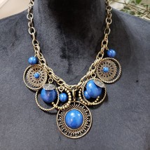 Womens Fashion Indigo Blue Antiqued Brass Chunky Charm Necklace w/ Lobster Clasp - $29.70