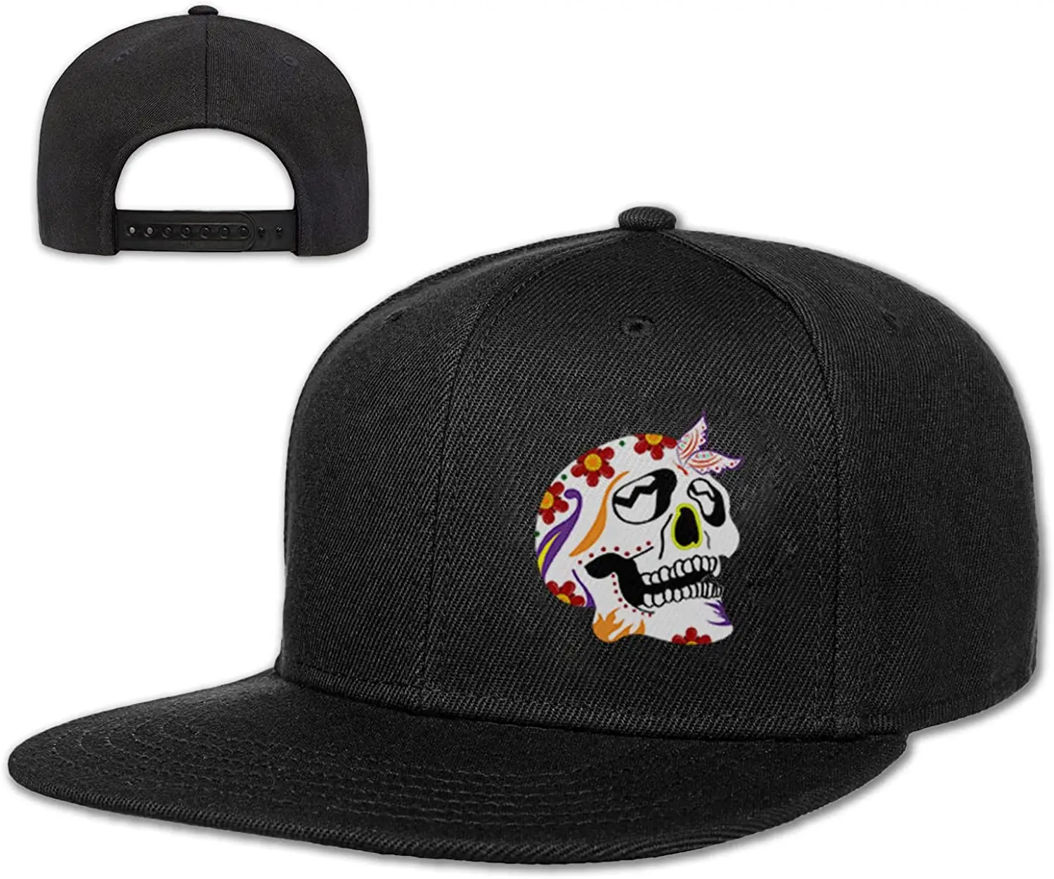 Mexican Skull Snapback Hats for Men Flat Bill Black Adjustable Baseball Cap - £13.03 GBP