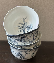 222 Fifth Set Of 4 Salad Bowls ADELAIDE Blue &amp;ivory Square BIRD Floral Toile - £52.75 GBP