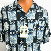 Island Blue Aloha Hawaiian Large Mens Shirt Palm Trees Pineapple Fruit Tapas - £39.86 GBP