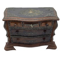 Antique Dark Wood Chest Jewelry Box Locking Music Metal Mounts Footed - £673.59 GBP
