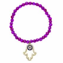 Sterling Silver Rose Gold Fuchsia Faceted Quartz Stretch Hamsa Hand Bracelet - £57.86 GBP