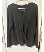 Tahari Long Sleeve Black Blouse With Gold Bar At Neck, Size Large - £8.46 GBP