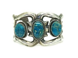 Old Pawn Southwest 3-Stone Turquoise Openwork Cuff Bracelet Sterling Silver - £333.06 GBP