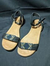 Minnetonka Women&#39;s Leather Black &amp; Blue Beaded Ankle Strap Sandals Size 10 - $13.98