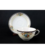 Meito China Coffee Cup Saucer Set, Hand Painted Floral, Pale Yellow Band... - $14.65