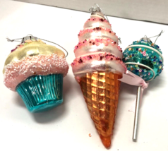 European Glass Set of 3 Ice Cream Cupcake &amp; Lollipop Christmas Ornaments - £11.74 GBP