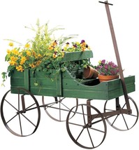 Amish Garden Wagon w/ Moving Wheels Flower Planter Outdoor Yard Art Decor GREEN - £28.22 GBP