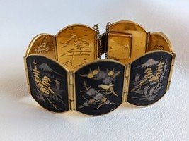 Vintage Sterling Japonnais Amita Damascène Or Feuille Inlay Scenic Bracelet - £84.96 GBP