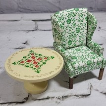 Dollhouse Furniture Upholstered Wingback Chair Round Wooden Table  - £30.95 GBP