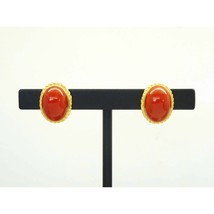 Italian Oxblood Red Natural Coral Oval Cabochon Stud Earrings 18k Gold - £447.75 GBP