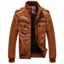 Handmade Men&#39;s Sheepskin Leather Jacket, Men&#39;s Brown Color Biker Leather Jacket - £113.54 GBP