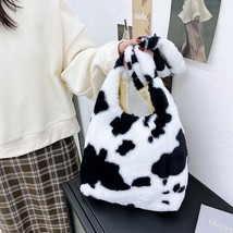 INS Fashion Women Plush Flower Pattern Shoulder Bags Cow Print Bucket Bags Faux  - £21.91 GBP