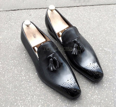 Handmade Men&#39;s Leather Black Stylish Fashion Classic Loafers Slip Ons Sh... - £166.56 GBP