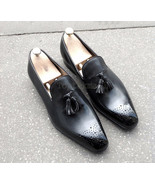 Handmade Men's Leather Black Stylish Fashion Classic Loafers Slip Ons Shoes-1048 - $208.99