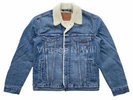 Levis Premium Red Tab Mens M Blue Wash Denim Jean Sherpa Lined Trucker Jacket - £66.87 GBP